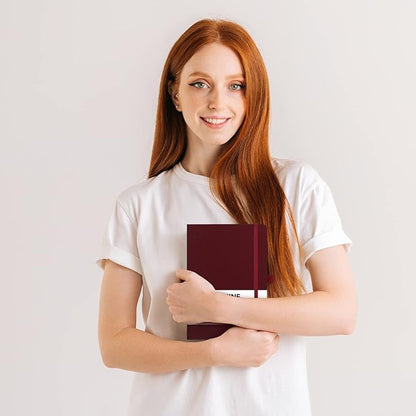 Dotted Journal/Notebook - Dot Grid Hard Cover Notebook, Premium Thick Paper with Fine Inner Pocket, Black Smooth Faux Leather, Pen Loop, 5.3'' x 8.26'' - Burgundy