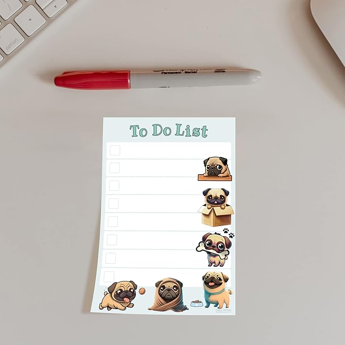 Kawaii Pug Puppies Sticky to Do List Notepad - Dog Sticky Notes Stationary School Office Supplies for Girls and Pug Mom | Pug Gifts for Pug Lovers | 4" x 6" 50 Pages