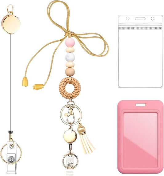 Colorful ID Badge Holder with Silicone Beads Lanyard Set,Cute Teacher Breakaway Lanyard for Keys & Keychain with Cute Retractable Badge Reel Holder,Gift for Women,Nurse, Teacher. (D)