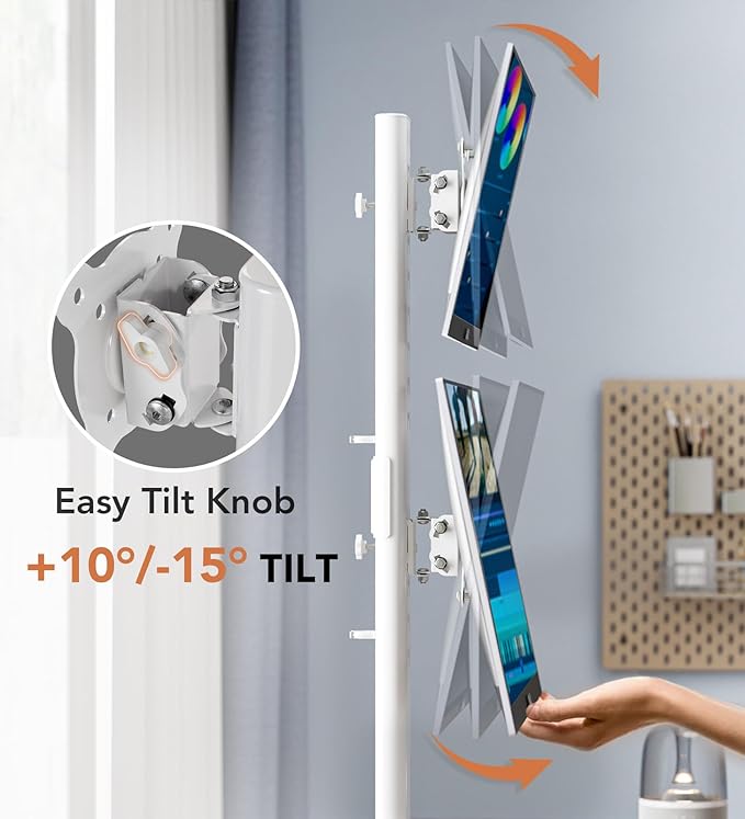 Dual Monitor Stand - Vertical Stack Screen Free-Standing Monitor Riser Fits Two 13 to 34 Inch Screen with Swivel, Tilt, Height Adjustable, Holds One (1) Screen up to 44Lbs HT05W-002 White