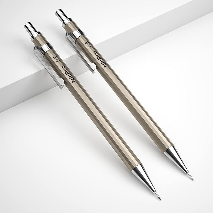Nicpro 2 PCS 0.5 mm Metal Mechanical Pencils Set, Drafting Pencil for Artist Writing, Sketching, Drawing, with 4 Tubes HB Lead Refill & Erasers, Erasers Refills & Storage Case