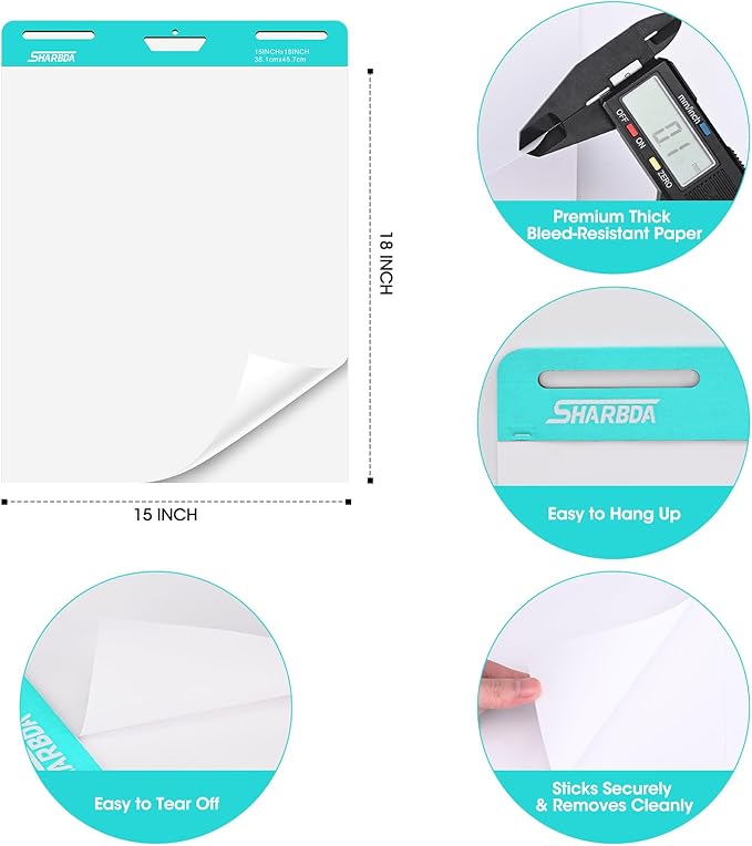 Sticky Mini Easel Pad, 15 x 18 Inches, Self Stick Flip Chart Paper,Sticky Chart Paper for Teachers, Anchor Chart Paper for Office, 30 Sheets/Pad,6 Pads