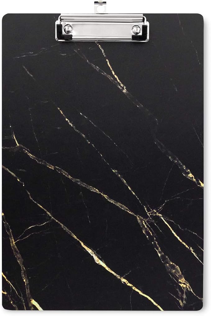 WAVEYU Hardboard Office Clipboard, Decorative Clipboard with Low Profile Clip Chic Marble Design for Students Classroom School and Office Use, Black (12.5"x9")