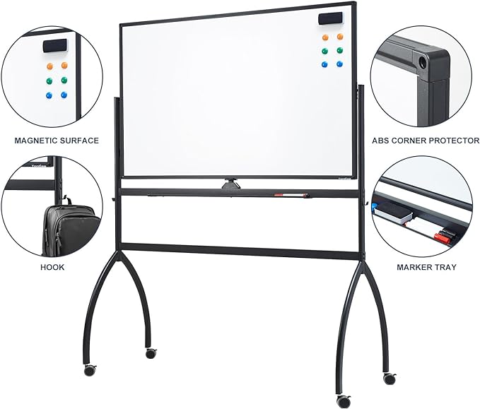 TANKEE White Board Height Adjustable - 48 x 32 Mobile Whiteboard on Wheels, Large Magnetic Double-Sided Rolling Dry Erase Board with Stand, Standing Whiteboard for Office School Home Classroom