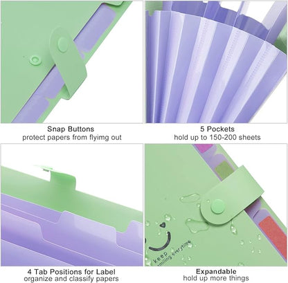Forvencer Accordion File Organizer, Letter Size, 5 Pocket Expanding File Folder, Cute File Folder with Labels, Portable File Organizer for School Office Supplies, Folders for Documents, Green