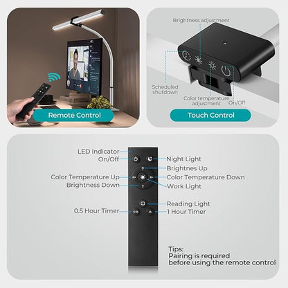 Led Desk Lamp for Office Home, Eye Caring Architect Desk Light with Clamp, Double Head 24W Ultra Bright Table Lamp with Remote Control, 5 Color Modes Flexible Gooseneck Lamp for Reading Study White
