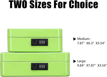KYODOLED Cash Box with Combination Lock,Safe Metal Box for Money,Storage Lock Box with Money Tray,7.87"x 6.30"x 3.54" Limegreen Medium