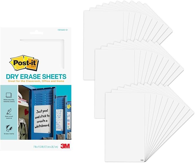 Post-it Dry Erase Sheets, 30 Sheets/Pack, Instant Whiteboard, 7 in x 11.3 in (DEFSheets-30PK)