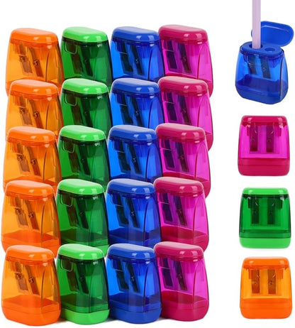 Colored Manual Pencil Sharpeners in Bulk, BOPART 24pcs Small Handheld Pencil Sharpener Dual Holes with Lid for Kids Adults at Classroom School Office Home