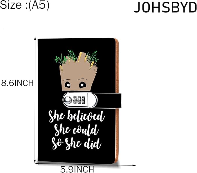 Funny Groot Gifts Leather Combination Lock Notebook Always Remember You’re Braver Than You Believe Leather Locked Journal Notebook Birthday Gifts for Daughter Son (she believed)