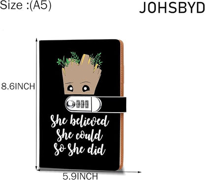 Funny Groot Gifts Leather Combination Lock Notebook Always Remember You’re Braver Than You Believe Leather Locked Journal Notebook Birthday Gifts for Daughter Son (she believed)