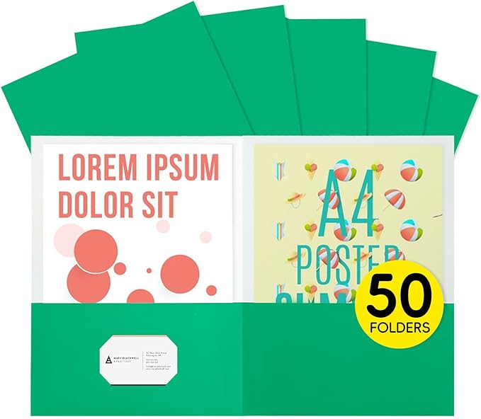 50Pcs Green Folders,Folders with Pockets,2 Pocket Folders,Folders with Pockets Bulk,Holds 100 Sheets (50 per Pocket),Assorted Colors,Office Or School