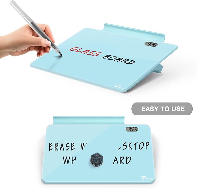 Small Glass Desk Whiteboard Dry-Erase Board with Clock, Small Travel Clock Keychain with Desk Notepad, Time Table Whiteboard for Desk Digital LED Light Display, 8x6 in with Accessories, Teal Blue