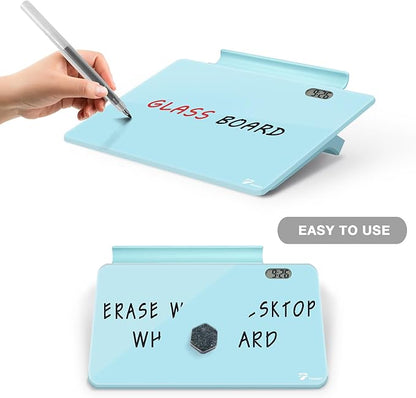 Small Glass Desk Whiteboard Dry-Erase Board with Clock, Small Travel Clock Keychain with Desk Notepad, Time Table Whiteboard for Desk Digital LED Light Display, 8x6 in with Accessories, Teal Blue