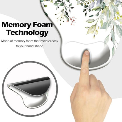 Ergonomic Mouse Pad with Wrist Support and Coaster,Mouse Pads with Non-Slip PU Base for Home Office Working Studying Easy Typing & Pain Relief Watercolor Leaves