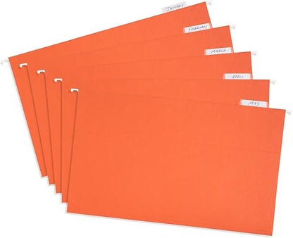 25 Blue Summit Supplies Legal Size Hanging Orange File Folders with Plastic Tabs and Inserts, 11pt Durable Paper, Legal Size File Folders for Office Organization