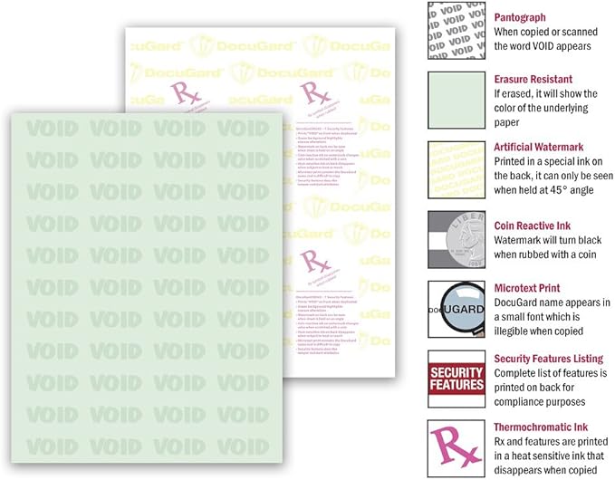 DocuGard Advanced Medical Security Paper for Printing Prescriptions and Preventing Fraud, CMS Approved, 7 Security Features, Laser and Inkjet Safe, Green, 8.5 x 11, 24 lb., 500 Sheets (04542)