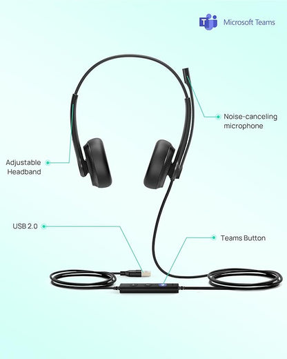 Yealink UH34 USB Headset with Microphone for PC Laptop,Wired Headset with Noise-Cancelling Microphone,Teams Certified, in-Line Controls for Home Office Online Class Skype Zoom Meetings