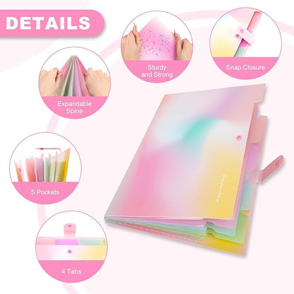 Ddaowanx Expanding File Folder, Letter A4 Size Accordion Plastic File Organizer, 5 Pocket Folders for Documents, Aesthetic Folder with Labels, Paper Organizer for School Office (Aurora Pink)