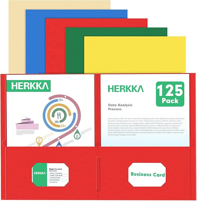 Two Pocket Folder, HERKKA 125 Pack 2 Pocket Folders with Business Card Slot, Letter Size Paper Folders Designed for Office and Classroom Use, Assorted 5 Colors