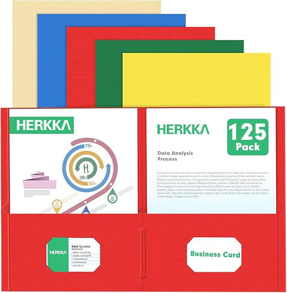 Two Pocket Folder, HERKKA 125 Pack 2 Pocket Folders with Business Card Slot, Letter Size Paper Folders Designed for Office and Classroom Use, Assorted 5 Colors