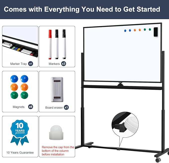 Rolling Whiteboard, 48 x 32 Inches Magnetic White Board with Stand, Double-Sided Large Standing Dry Erase Board on Wheels, Height-Adjustable Mobile Dry Erase Board for Office, Home, Classroom