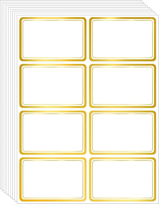 2" x 3" 200 PCS Name Labels, Waterproof Blank Name Tag Stickers with Permanent Adhesive Writable Stickers with Metallic Gold Border for School Office Home