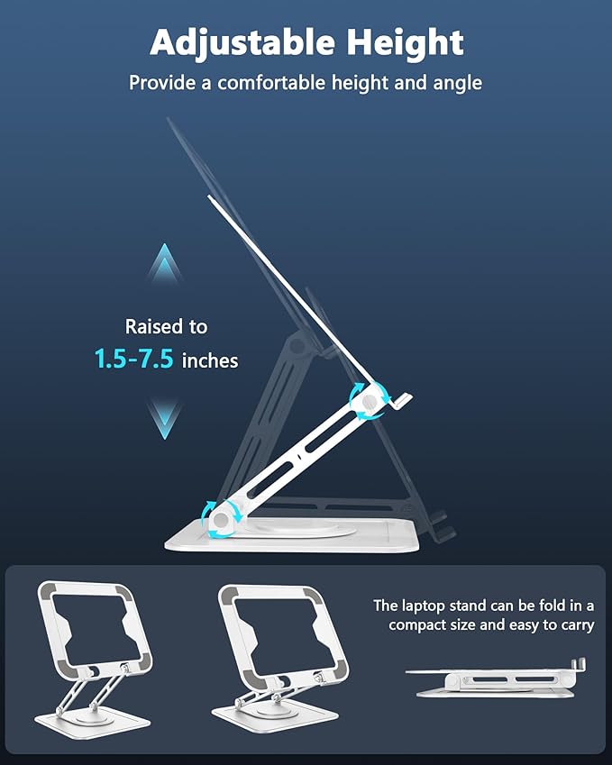 Laptop Stand for Desk, Adjustable Computer Stand with 360 Rotating Base, Ergonomic Laptop Riser Foldable Laptop Mount Protable Computer Stand for Laptop Fits with MacBook Pro Air 10-16", White