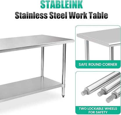 STABLEINK NSF Stainless Steel Table, 30 x 60 Inches Metal Prep & Work Table with Adjustable Undershelf, for Commercial Kitchen, Restaurant, Hotel and Garage
