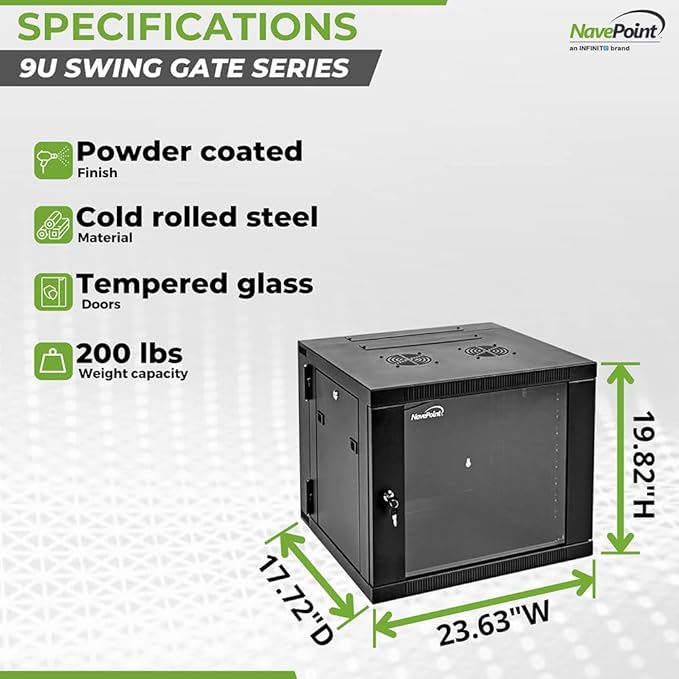 NavePoint 9U Server Cabinet with Hinged Back - 17.7” Deep, 9U Server Rack Enclosure with Locking Glass Door, Wall Mount Rack with Removable Side Panels, 9U Network Cabinet with 2 Fans, Pre-Assembled