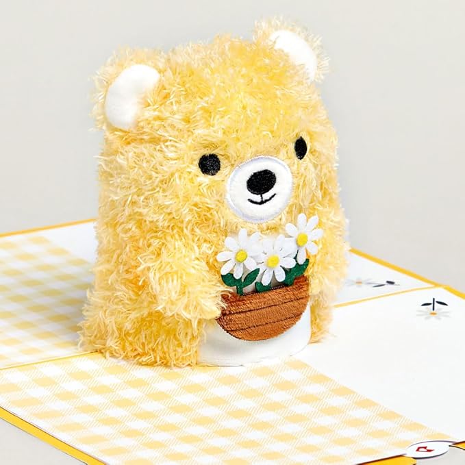 Lovepop Plushpop Soft Animal Pop-Up Card for Her and Him - 3D Bear Thinking of You Greeting Card for Boys, Girls, Men, Women - Hello - 6" x 8" Card - Yellow