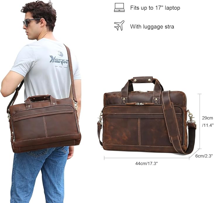 Full Grain 17.3" Leather Briefcase Messenger Laptop Bag For Men
