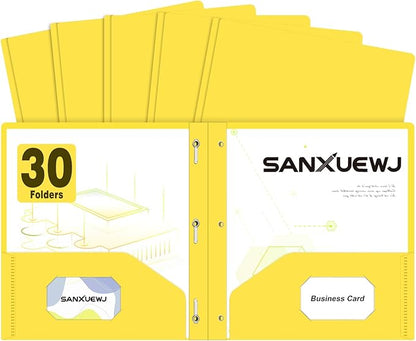 Folders with Pockets,SANXUEWJ 30 Pack Two Pocket Folders Business Card Holder Plastic Folders with Prongs for School Office Filing Cabinet Resume Portfolio (Yellow)