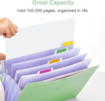 Forvencer Accordion File Organizer, Letter Size, 5 Pocket Expanding File Folder, Cute File Folder with Labels, Portable File Organizer for School Office Supplies, Folders for Documents, Green