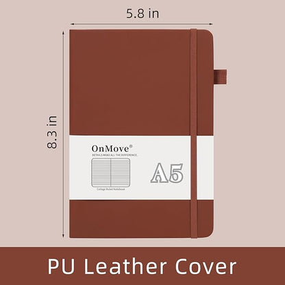 Lined Notebook Journal for Women Men 200 Pages A5 Hardcover Leather with Pen Holder College Ruled Journals for Work Note Taking Travel School Brown