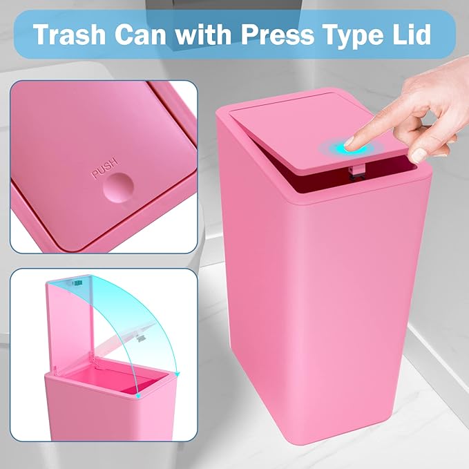 SHPMXUPW 3 Pack Bathroom Small Trash Can with Lid,10L / 2.6 Gallon Slim Garbage Bin Wastebasket with Pop-Up Lid for Bedroom, Office, Kitchen, Craft Room, Fits Under Desk/Cabinet/Sink