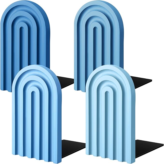 Harloon 4 Pieces Boho Arch Wood Bookends Rainbow Arch Back to School Gift Ideas Non Skid Bookend Decorative Wooden Book Stand Book Stoppers for Books Movies CDs (Denim Blue Color)