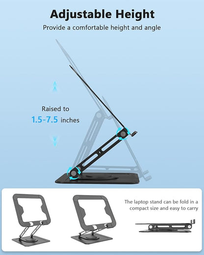 Adjustable Laptop Stand, Computer stand with 360 Rotating Base, Ergonomic Laptop Riser for Desk Foldable Laptop Mount Protable Computer Stand for Laptop Fits with MacBook Pro Air (10-16") - Black