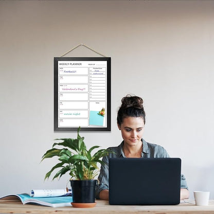 Dry Erase White Board Weekly Calendar Board, Magnetic Whiteboard for Wall,13“x17 Solid Wood Black Framed Message Board, Planner Board for Office, Home, School（Weekly-BB-BK-3343