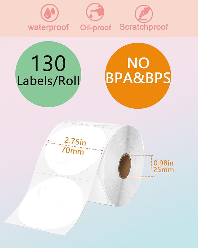 70 x 70 Round Thermal Labels, Round Thermal Sticker Labels for Business and Home, Thermal Printer Labels for DIY Logo Design, Thanks Card, 130 Labels for Printer wonlabel