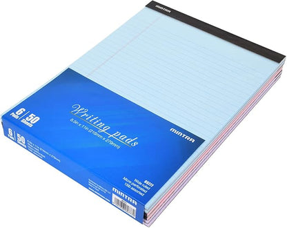 Mintra Office Legal Pads - ((BASIC PASTEL 6pk, 8.5in x 11in, WIDE RULED)) - 50 Sheets per Notepad, Micro perforated, Pastel Writing Pad, Notebook Paper for School, College, Office, Business - Pink, Blue, Purple