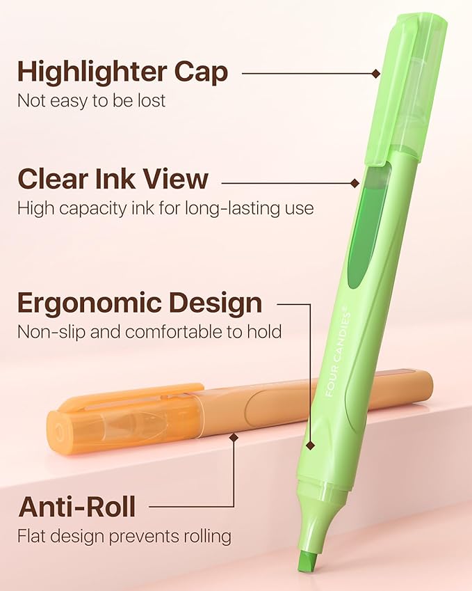 Four Candies Cute Pastel Highlighters, 10 PCS Highlighters Assorted Colors, Soft Chisel Tip, Clear Ink View, Aesthetic Highlighters Set for Organizing and Coloring
