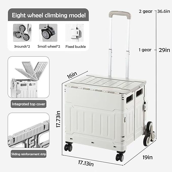 Foldable Utility Cart with Stair Climbing Wheels,Folding Portable Rolling Crate Handcart with Aluminium Alloy Telescoping Handles, Handcart for Grocery Book File Tool Art Supplies-75L