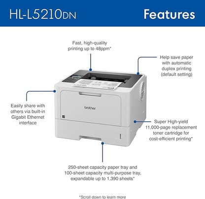 Brother HL-L5210DN Business Monochrome Laser Printer with Duplex Printing, Versatile Paper Handling, Mobile Printing, and Gigabit Ethernet Networking, Works with Alexa