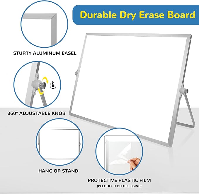 Dry Erase White Board, 16inX12in Large Magnetic Desktop Whiteboard with Stand, 10 Markers, 4 Magnets, 1 Eraser, Portable Double-Sided White Board Easel for Memo to Do List Desk Office