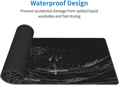 Extended Gaming Mouse Pad, Large Gaming Mouse Waterproof with Stitched Edges, Non-Slip Desktop Pad for Home and Office, Level Up Your 31.5x11.8 Inch… (Black Wave)
