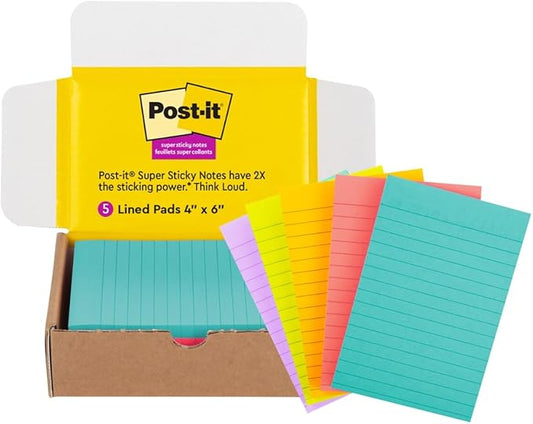 Post-it Super Sticky Lined Notes, 5 Sticky Note Pads, 4x6 in, 2X The Sticking Power, School Supplies, Office Products, Sticky Notes for Vertical Surfaces, Monitors, Walls and Windows, Bright Colors