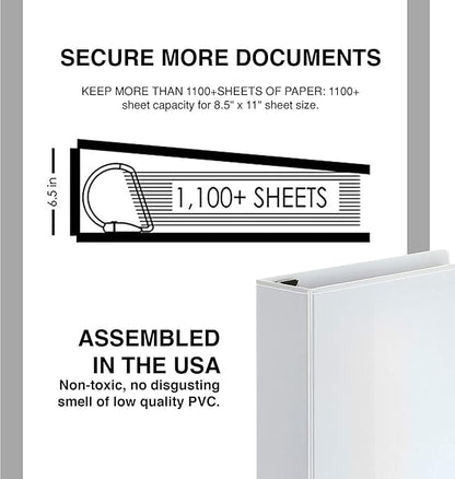 3 Ring Binders, 6 Inch D Ring Heavy Duty Large Binder with Pockets for 8.5" x 11" Sheet Size, Durable Non-Stick Customizable Clear View Cover (White)