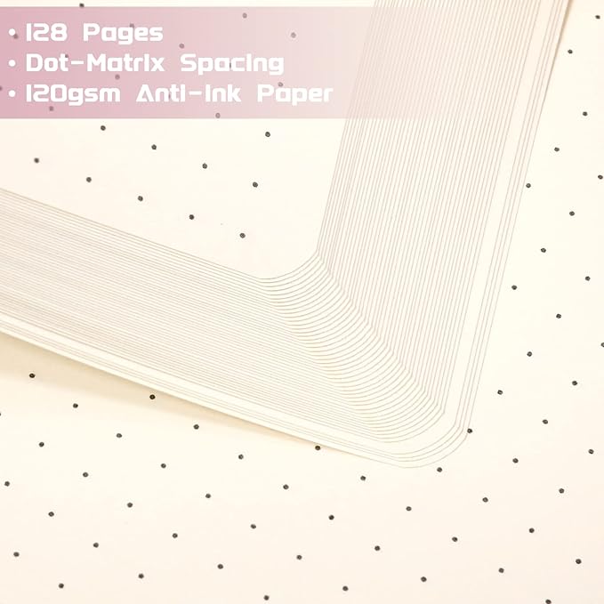 Dotted Journal/Notebook - Dot Grid Hard Cover Notebook, Premium Thick Paper with Fine Inner Pocket, Black Smooth Faux Leather, Pen Loop, 5.3'' x 8.26'' - Pink