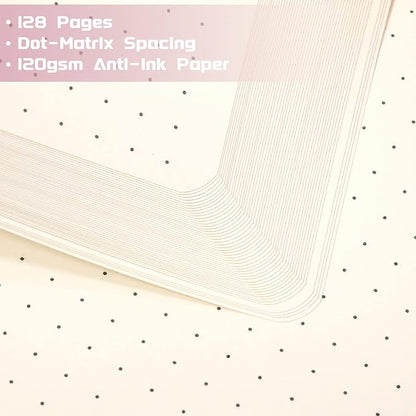 Dotted Journal/Notebook - Dot Grid Hard Cover Notebook, Premium Thick Paper with Fine Inner Pocket, Black Smooth Faux Leather, Pen Loop, 5.3'' x 8.26'' - Pink